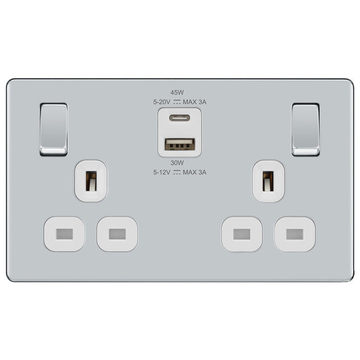 BG Screwless FPC22UAC45W USB Polished Chrome Double Socket 45W Type A & C USB