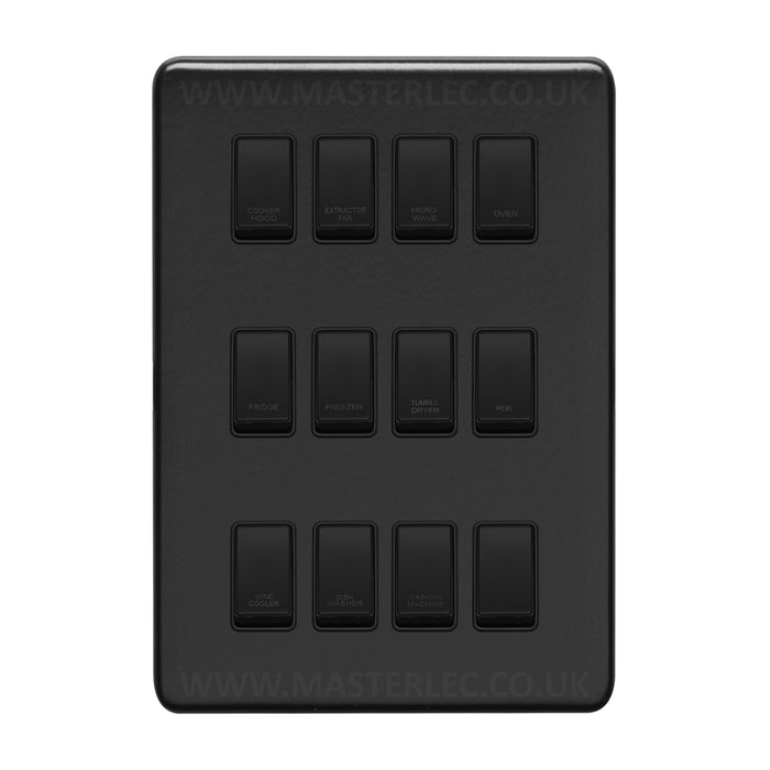 Matt Black Screwless Custom Labelled Kitchen Appliance Grid Switch 12 Gang CMB12GA