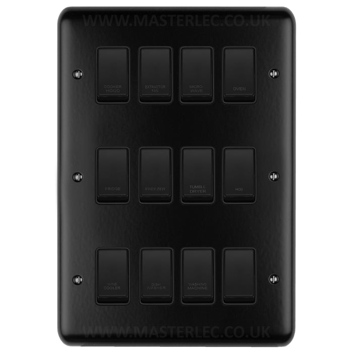 Matt Black Screwed Custom Labelled Kitchen Appliance Grid Switch 12 Gang EMB12GA