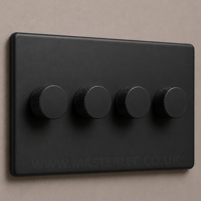 Matt Black Screwless Quad 4 Gang Dimmer Switch with Matt Black Knurled Dimmer Knob