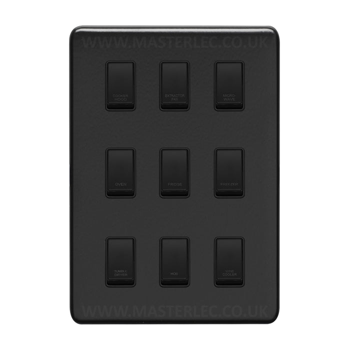 Matt Black Screwless Custom Labelled Kitchen Appliance Grid Switch 9 Gang CMB9GA