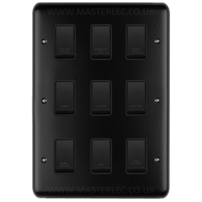 Matt Black Screwed Custom Labelled Kitchen Appliance Grid Switch 9 Gang EMB9GA