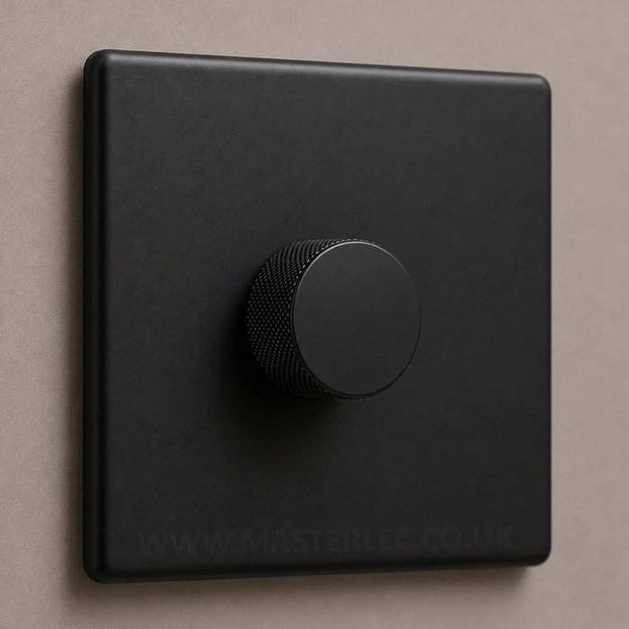 Matt Black Screwless Single 1 Gang Dimmer Switch with Matt Black Knurled Dimmer Knob