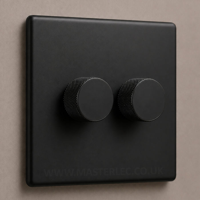 Matt Black Screwless Double 2 Gang Dimmer Switch with Matt Black Knurled Dimmer Knob