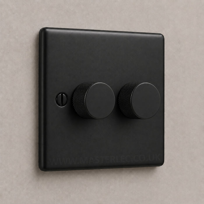 Matt Black 2 Gang Knurled Dimmer Switch with Matt Black Dimmer Knob