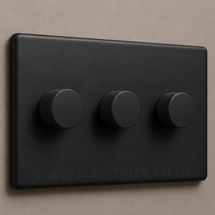 Matt Black Screwless Triple 3 Gang Dimmer Switch with Matt Black Knurled Dimmer Knob
