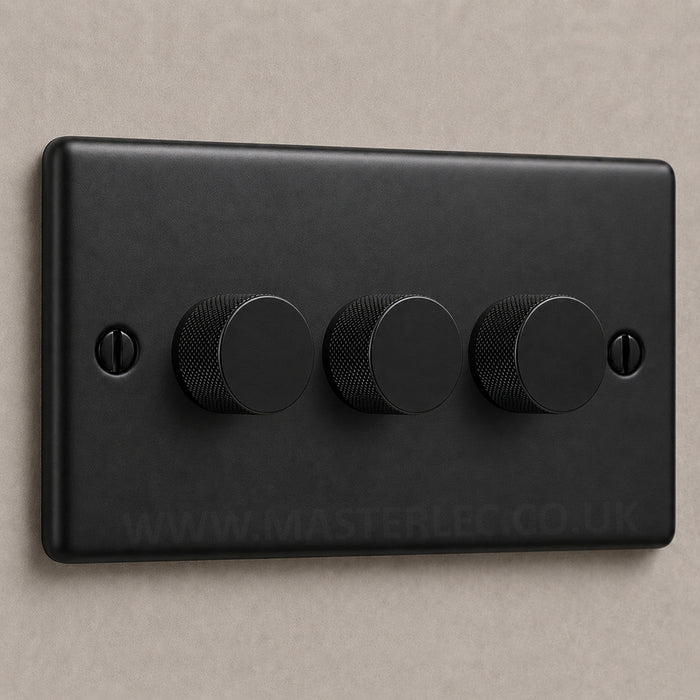 Matt Black 3 Gang Knurled Dimmer Switch with Matt Black Dimmer Knob