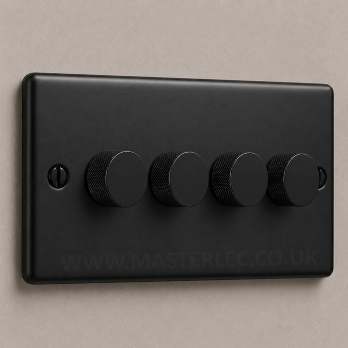 Matt Black 4 Gang Knurled Dimmer Switch with Matt Black Dimmer Knob