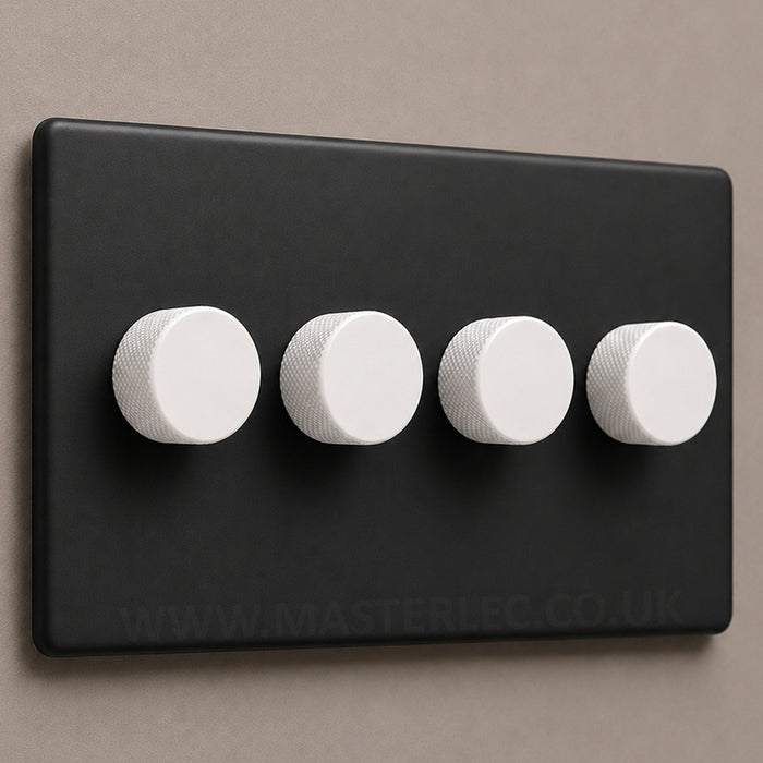 Matt Black Screwless Quad 4 Gang Dimmer Switch with Matt White Knurled Dimmer Knob