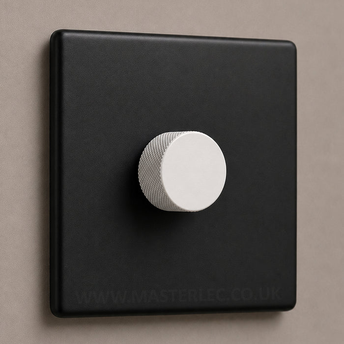 Matt Black Screwless Single 1 Gang Dimmer Switch with Matt White Knurled Dimmer Knob