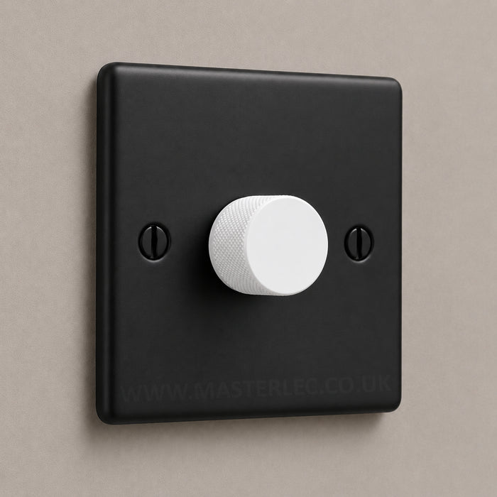 Matt Black 1 Gang Knurled Dimmer Switch with Matt White Dimmer Knob