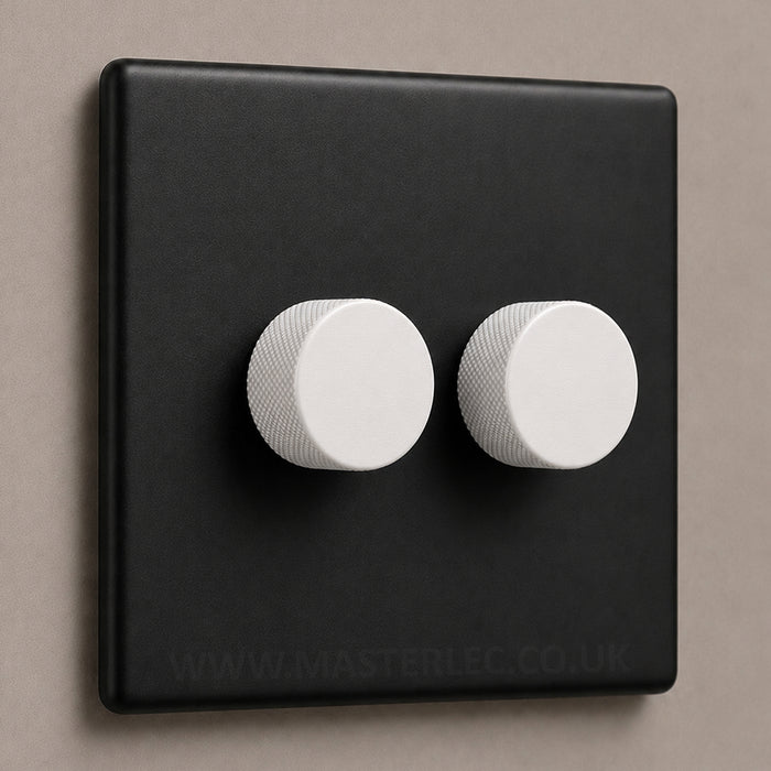 Matt Black Screwless Double 2 Gang Dimmer Switch with Matt White Knurled Dimmer Knob