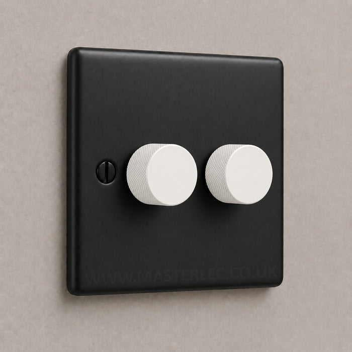 Matt Black 2 Gang Knurled Dimmer Switch with Matt White Dimmer Knob