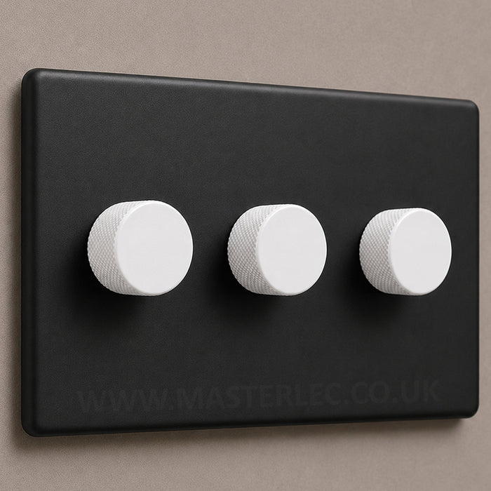 Matt Black Screwless Triple 3 Gang Dimmer Switch with Matt White Knurled Dimmer Knob