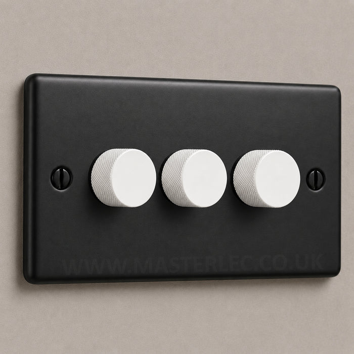 Matt Black 3 Gang Knurled Dimmer Switch with Matt White Dimmer Knob