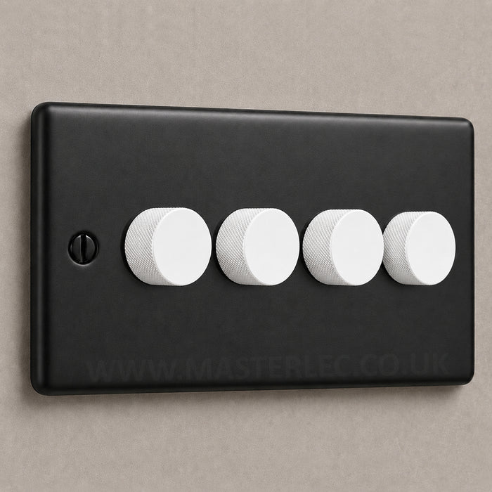 Matt Black Screwed Quad 4 Gang Dimmer Switch with Matt White Dimmer Knob