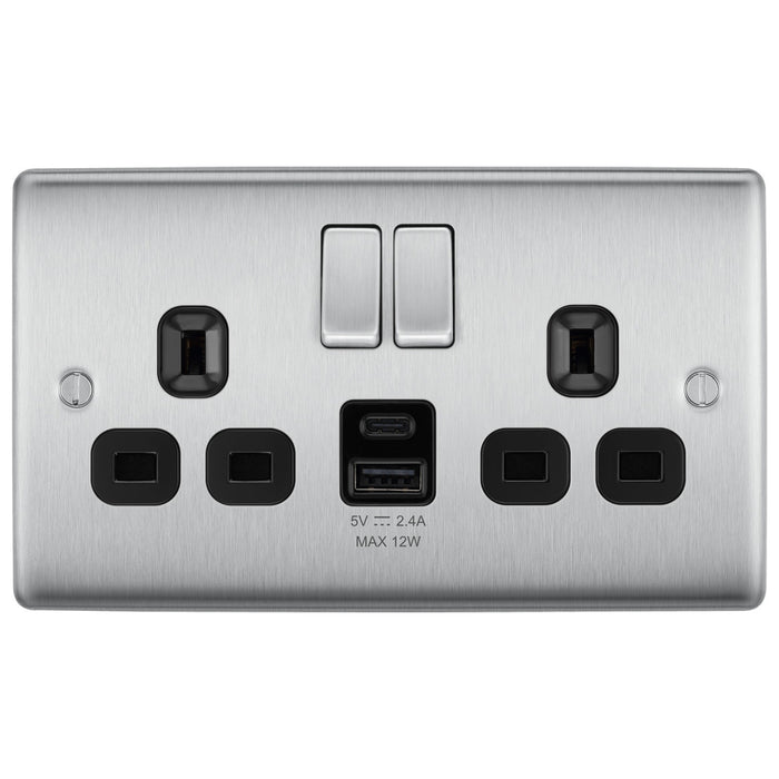 BG Nexus Brushed Steel Switches and Sockets Black Inserts Full Range