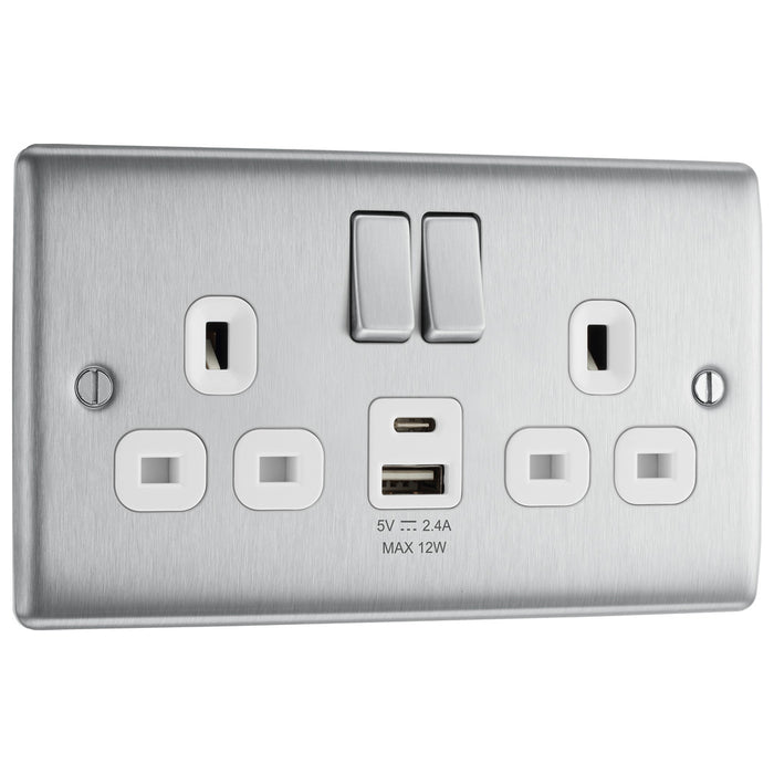 BG NBS22UAC12W Brushed Steel Double Socket with USB 12W Type A & C USB White Inserts