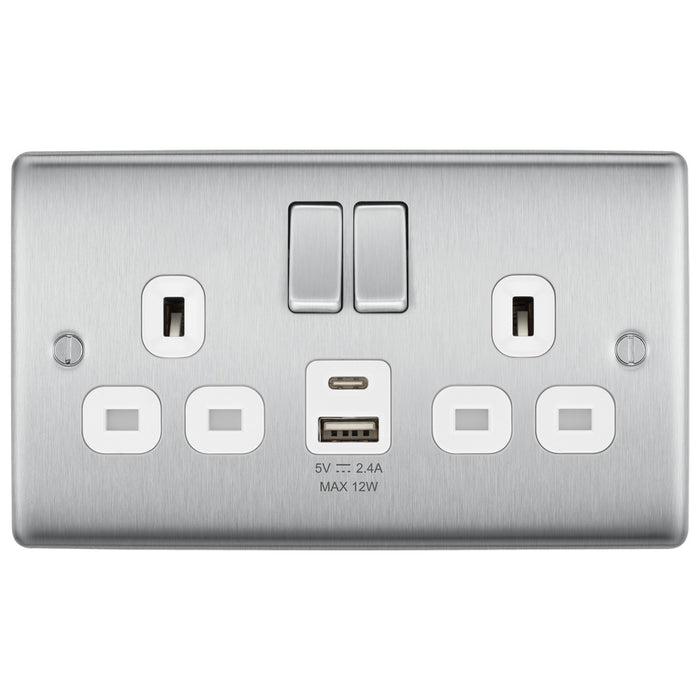 BG NBS22UAC12W Brushed Steel Double Socket with USB 12W Type A & C USB White Inserts