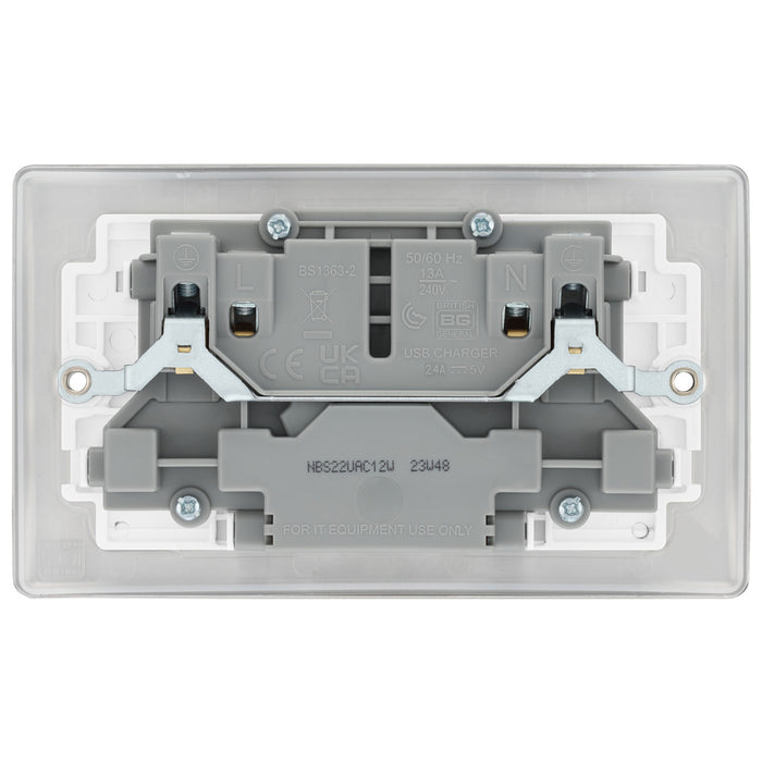 BG NBS22UAC12W Brushed Steel Double Socket with USB 12W Type A & C USB White Inserts