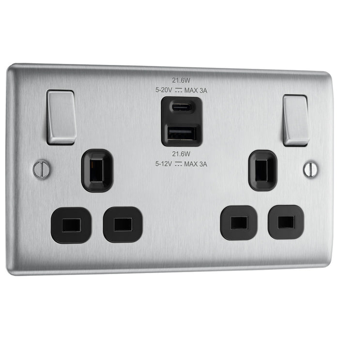 BG NBS22UAC22B Brushed Steel Double Socket with USB 22W Type A & C USB Black Inserts