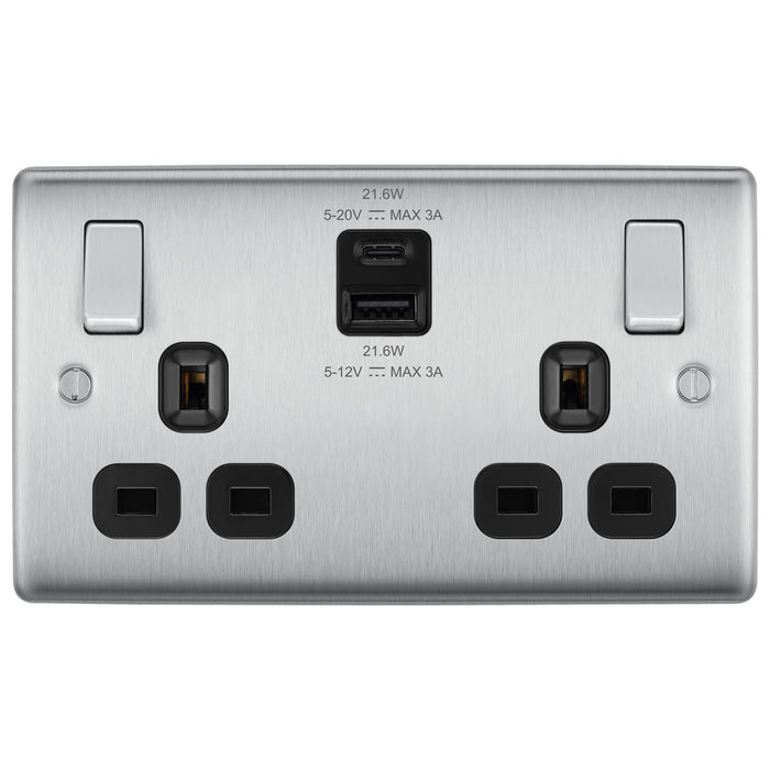 BG Nexus Brushed Steel Switches and Sockets Black Inserts Full Range