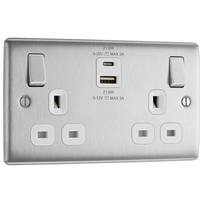 BG NBS22UAC22W Brushed Steel Double Socket with USB 22W Type A & C USB White Inserts