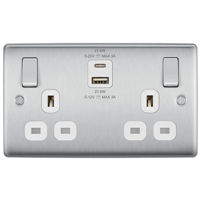 BG NBS22UAC22W Brushed Steel Double Socket with USB 22W Type A & C USB White Inserts