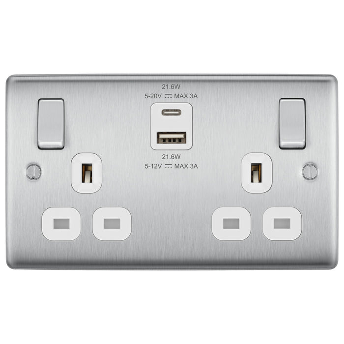 BG Nexus Brushed Steel Switches and Sockets White Inserts Full Range