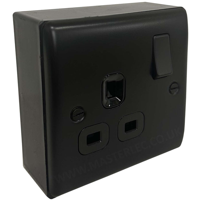 Matt Black 1 Gang 13A Single Socket with 32mm Black Surface Pattress Back Box