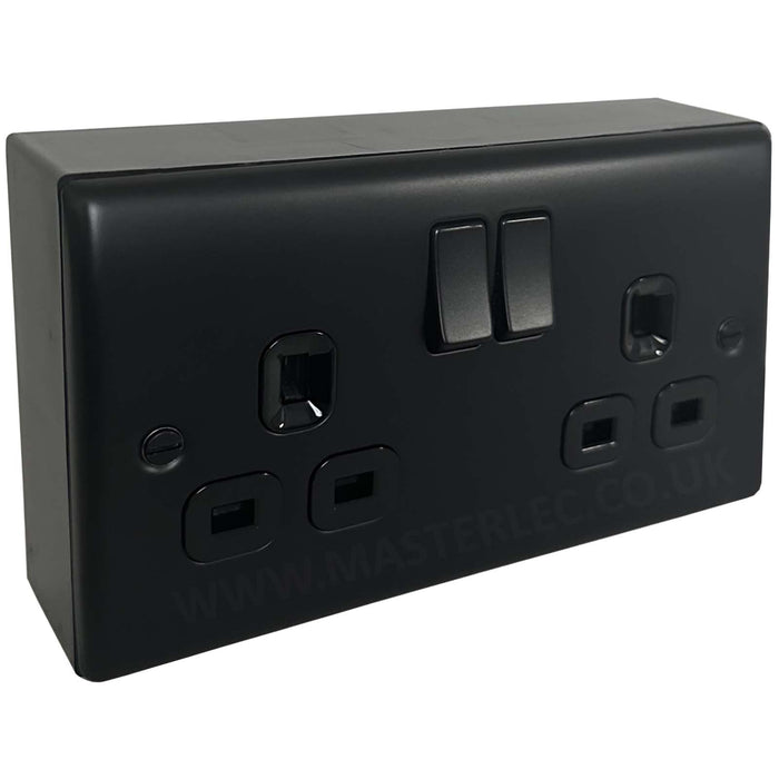 Matt Black 2 Gang 13A Double Socket with 32mm Black Surface Pattress Back Box