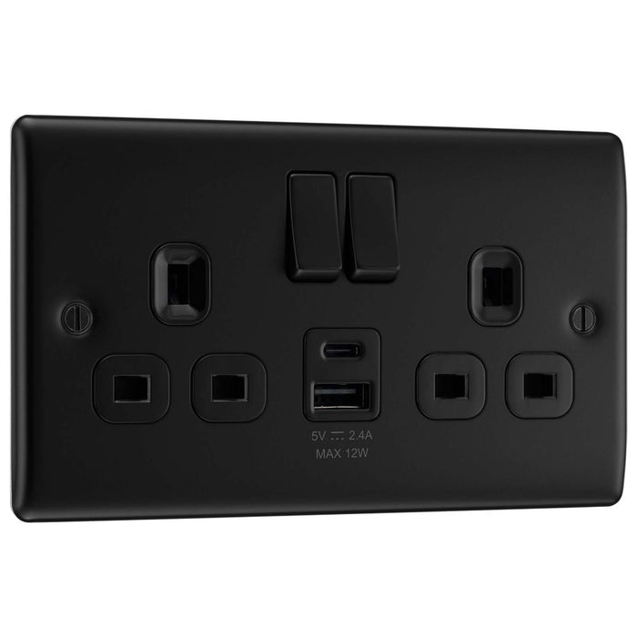 BG NFB22UAC12B Matt Black Double Socket with USB 12W Type A & Type C USB