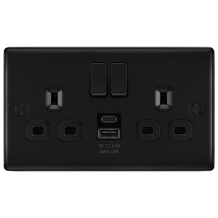 BG NFB22UAC12B Matt Black Double Socket with USB 12W Type A & Type C USB