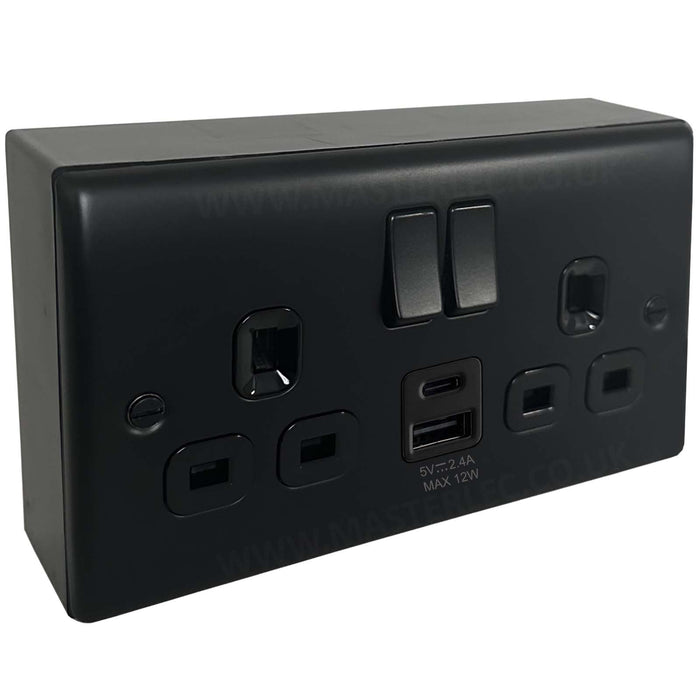 Matt Black 12W USB Double Socket & 32mm Black Surface Pattress Back Box