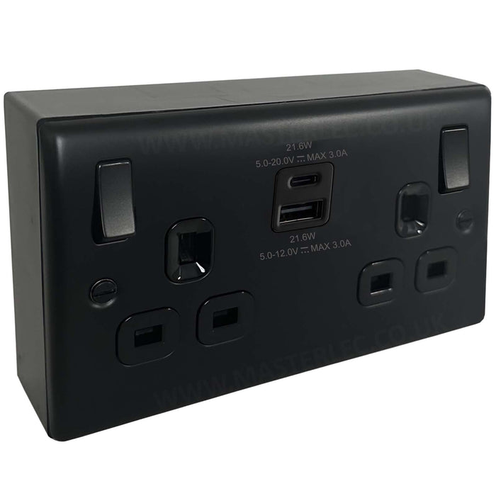 Matt Black 22W USB Double Socket & 32mm Black Surface Pattress Back Box