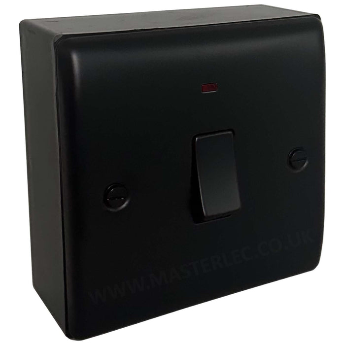 Matt Black 20 Amp Double Pole Switch with 32mm Black Surface Pattress Back Box