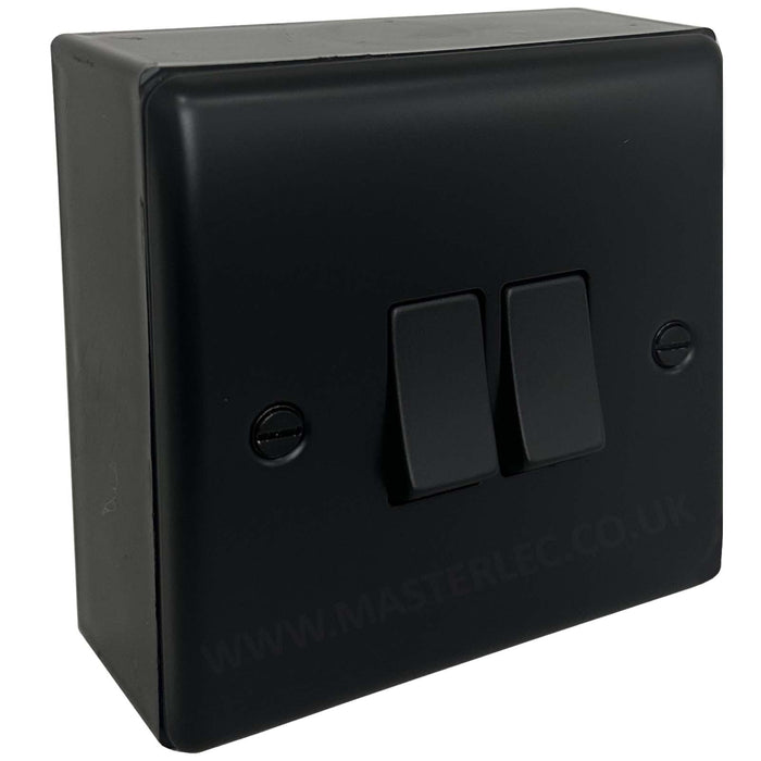 Matt Black 2 Gang Double Light Switch with 32mm Black Surface Pattress Back Box