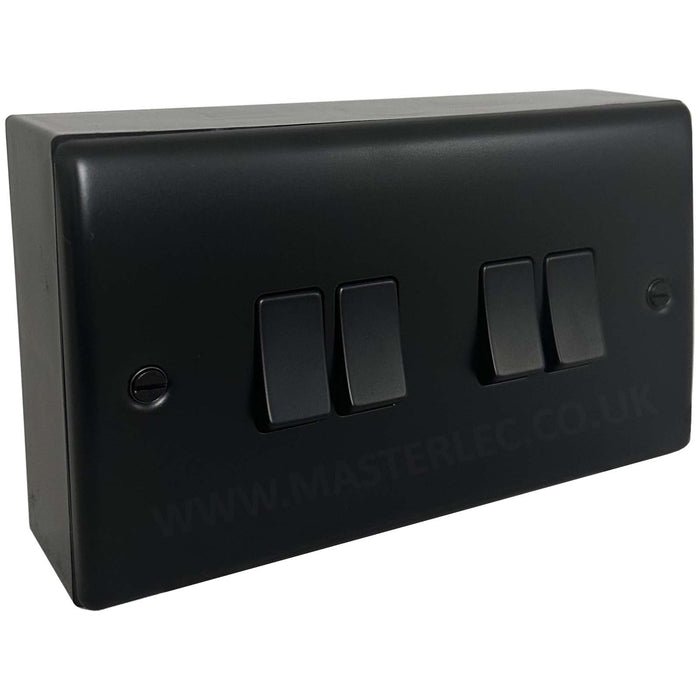 Matt Black 4 Gang Quad Light Switch with 32mm Black Surface Pattress Back Box