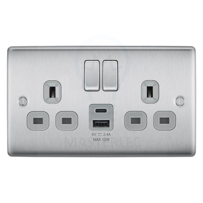BG NBS22UAC12G Brushed Steel Double Socket with USB 12W Type A & Type C USB