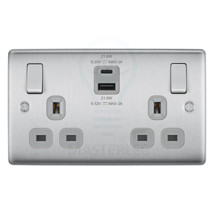 BG NBS22UAC22G Brushed Steel Double Socket with USB 22W Type A & Type C USB