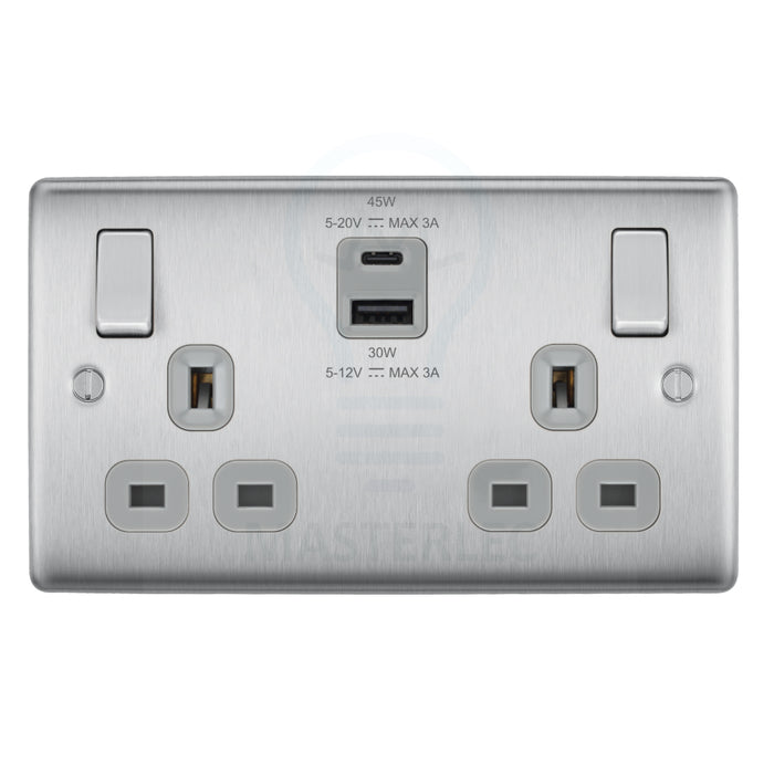 BG NBS22UAC45G Brushed Steel Double Socket with USB 45W Type A & Type C USB
