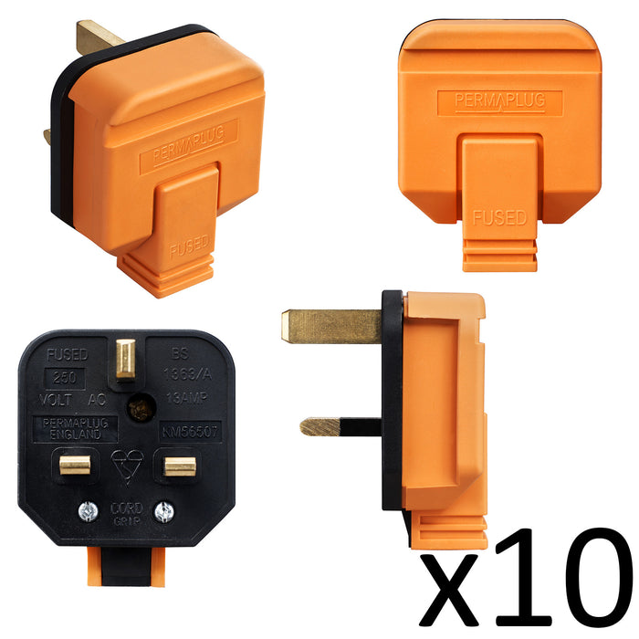 10x Orange Rubber Plug Top Heavy Duty Permaplug 13 Amp Fused 3 Pin Plug HDPT13O