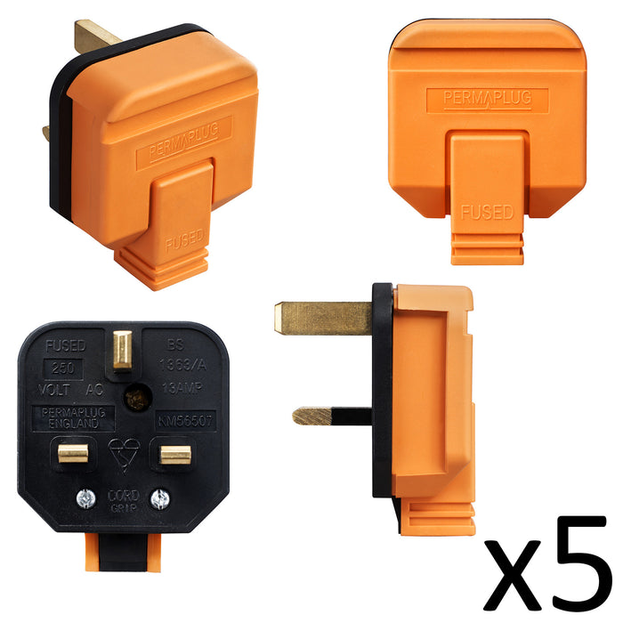 5x Orange Rubber Plug Top Heavy Duty Permaplug 13 Amp Fused 3 Pin Plug HDPT13O