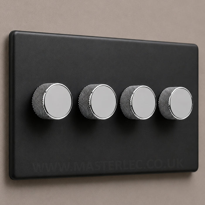 Matt Black Screwless Quad 4 Gang Dimmer Switch with Polished Chrome Knurled Dimmer Knob