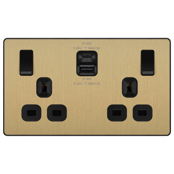 BG Evolve Satin Brass PCDSB22UAC22B USB Double Socket 22W Type A & C USB