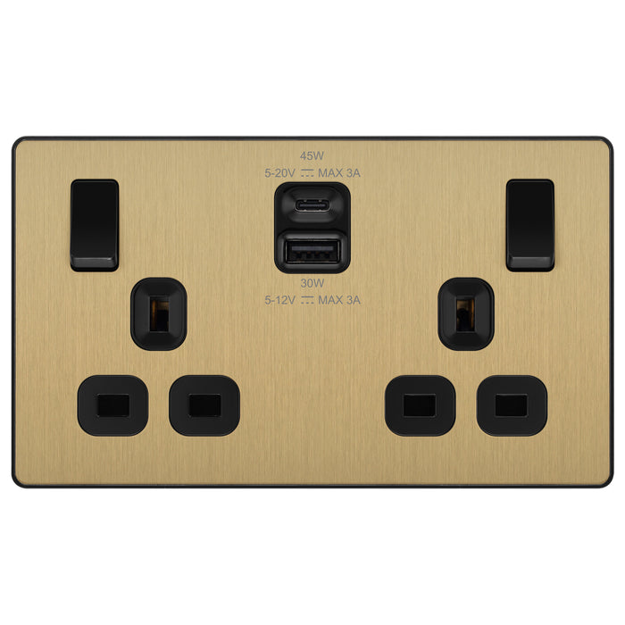 BG Evolve Satin Brass PCDSB22UAC45B USB Double Socket 45W Type A & C USB