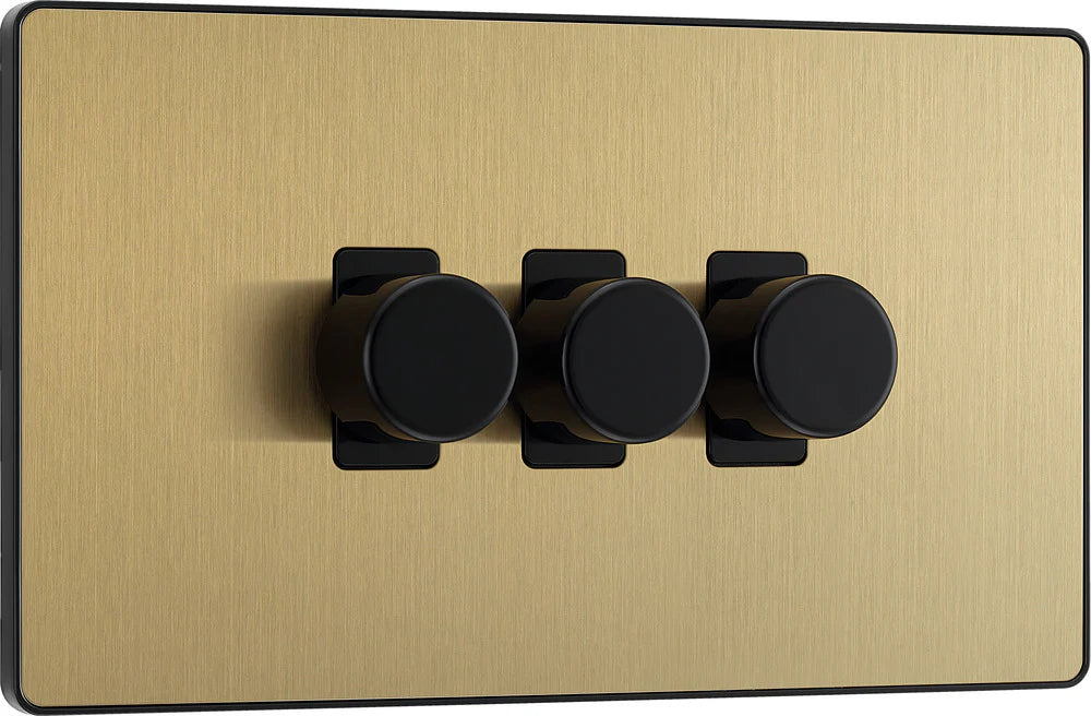 BG Evolve Satin Brass 3 Gang Custom Grid Dimmer Light Switch PCDSB83B