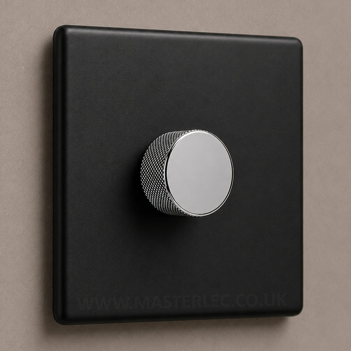 Matt Black Screwless Single 1 Gang Dimmer Switch with Polished Chrome Knurled Dimmer Knob
