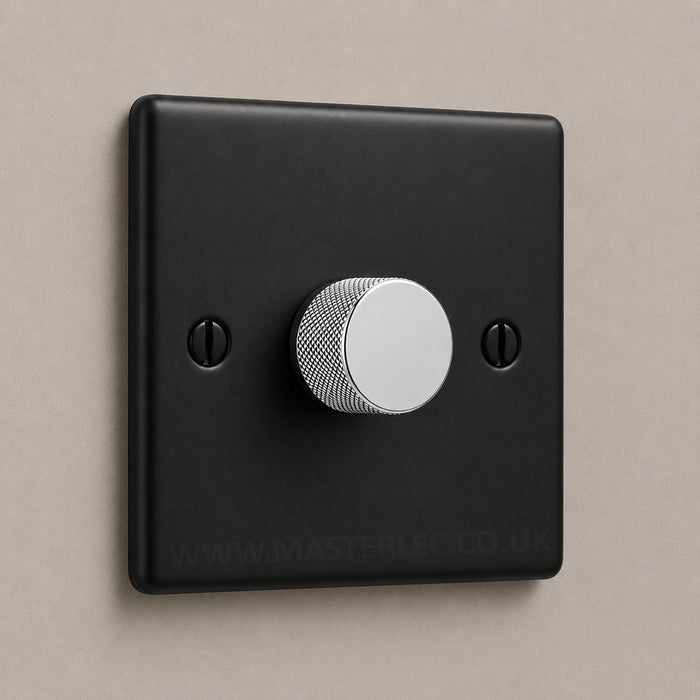 Matt Black 1 Gang Knurled Dimmer Switch with Polished Chrome Dimmer Knob
