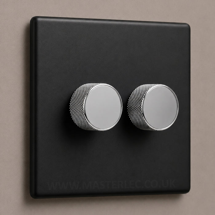 Matt Black Screwless Double 2 Gang Dimmer Switch with Polished Chrome Knurled Dimmer Knob